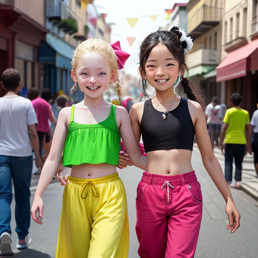 two girls walking down a street with a crowd of people behind them and a woman in a black top