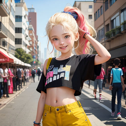 a girl with blonde hair and a black shirt and yellow pants is standing on a street with people in the background