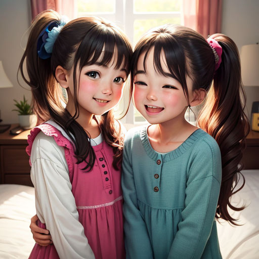 two young girls standing next to each other on a bed together, smiling at the camera, with their arms around each other