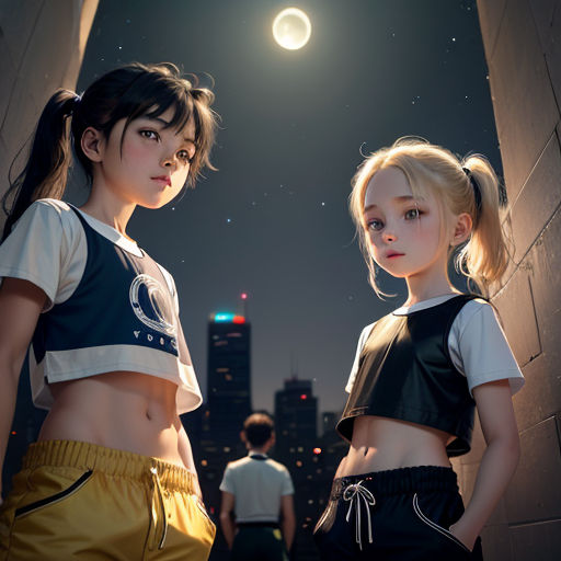two anime girls standing next to each other in front of a city skyline at night with a moon in the sky