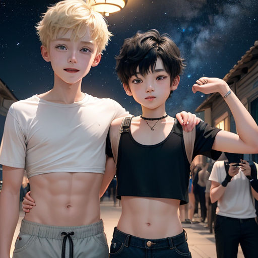 two people standing next to each other in front of a sky full of stars and a street light with a person standing next to them