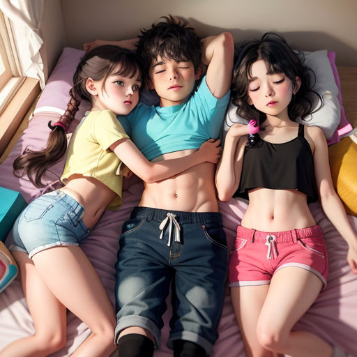 three young children are sleeping on a bed together, with their arms around each other, and their backs to each other