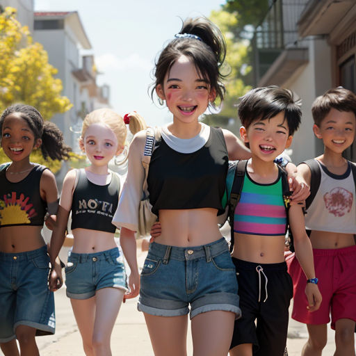a group of young children walking down a street together, all wearing shorts and tops with their arms around each other
