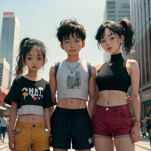 three young girls standing next to each other in a city street with tall buildings in the background and a woman in a black top