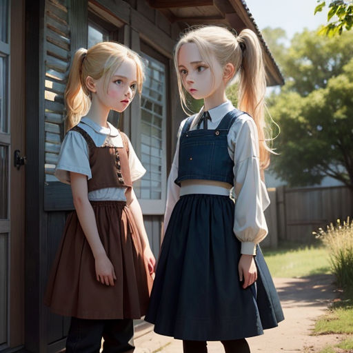 two little girls standing next to each other in front of a house with a door and window on the side