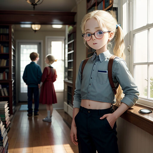 a young girl standing in a library with a backpack on her shoulder and a boy in the background looking out the window