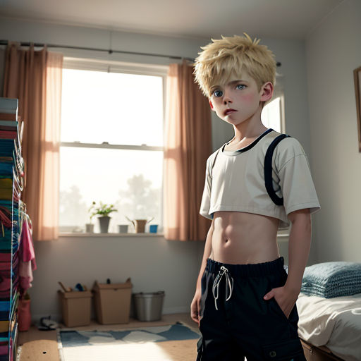 a boy with a shirt on standing in a room with a bed and a window in the background with curtains