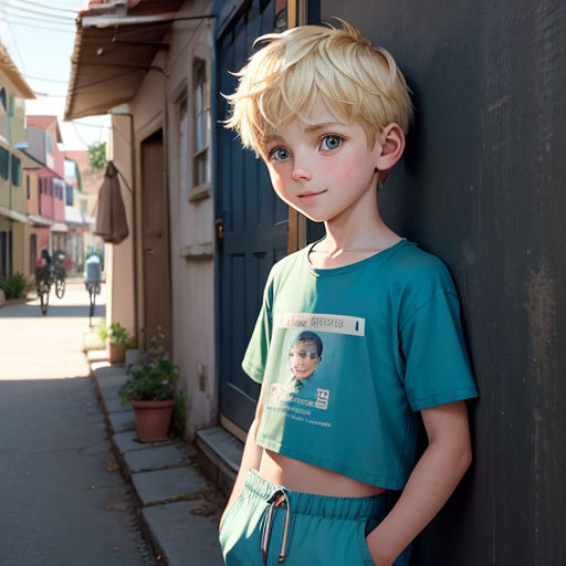 a young boy leaning against a wall on a street corner with a house in the background and a car parked on the side of the street