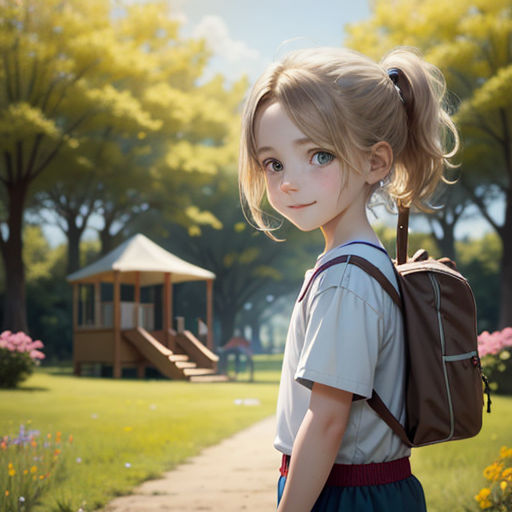 a young girl with a backpack on a path in a park with flowers and trees in the background,