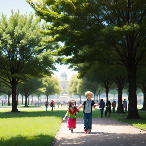 a couple of kids walking down a sidewalk next to trees and grass in a park with a clock tower in the background