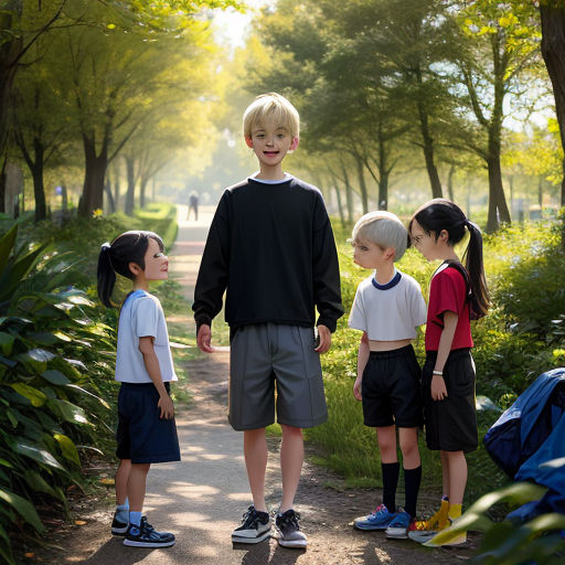 a man standing next to three children on a path in a park with trees and grass behind him and a backpack on the ground