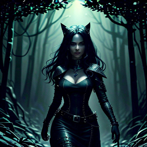 a woman in a black dress walking through a forest with a demon mask on her head and a sword in her hand