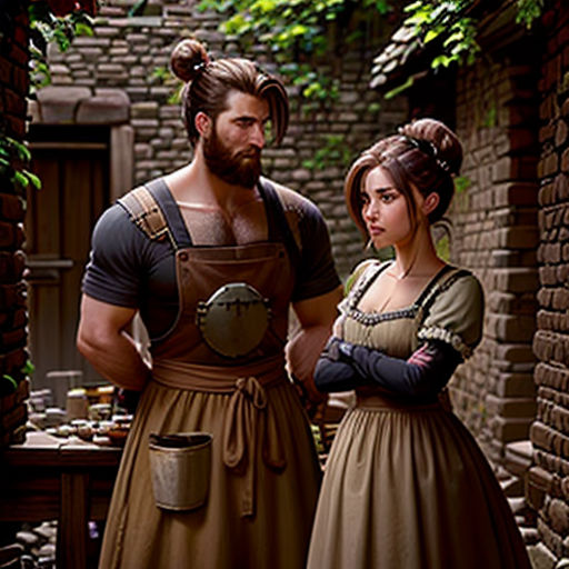 a man and a woman dressed in renaissance clothing standing next to each other in a courtyard with a brick wall