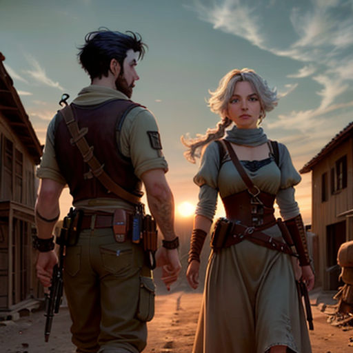 a man and a woman walking down a street in a desert town at sunset with a gun in hand