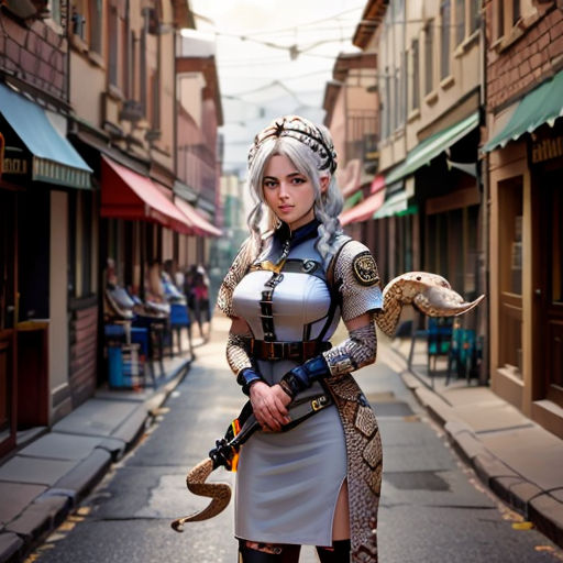 a woman in a costume is standing on a street with a snake on her arm and a snake on her shoulder