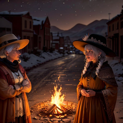 two women standing next to a fire in the middle of a street at night with a sky background and stars