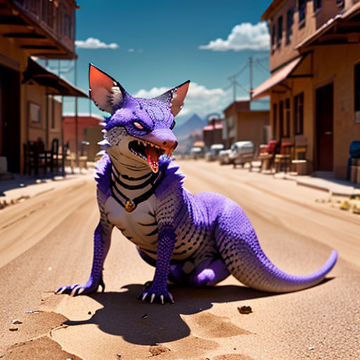 a purple toy sitting on the side of a road next to a building and a street sign that says, don't tread