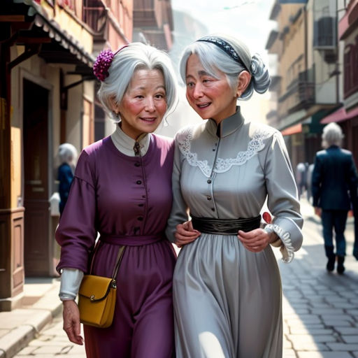 two older women standing next to each other on a street corner in a city with people walking by and a woman in a dress