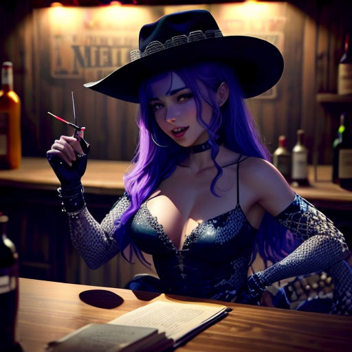 a woman in a hat smoking a cigarette in a bar with a bottle of wine in the background and a note in her hand
