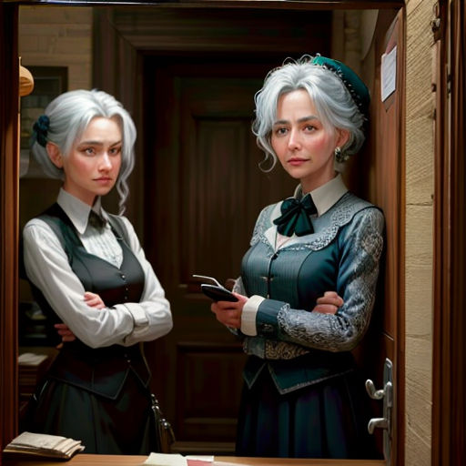 two women standing in a doorway looking at a phone screen and a book on a table in front of them