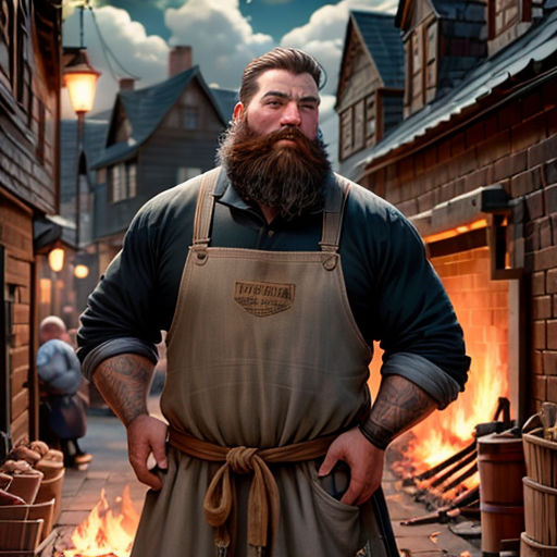 a man with a beard and apron standing in front of a fire place with a fire in the background