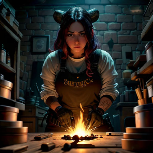 a woman in a dark room with a light in her hands and a demon head on her head, and a glowing flame in her hands