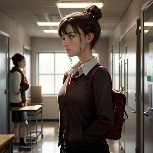 a woman standing in a hallway with a backpack on her shoulder and a backpack on her shoulder, and a woman standing in the hallway behind her