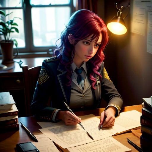 a woman in uniform sitting at a desk with a pen and paper in her hand and a stack of books on the desk