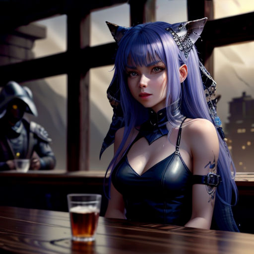 a woman with blue hair and a cat ears outfit sitting at a table with a glass of beer in front of her