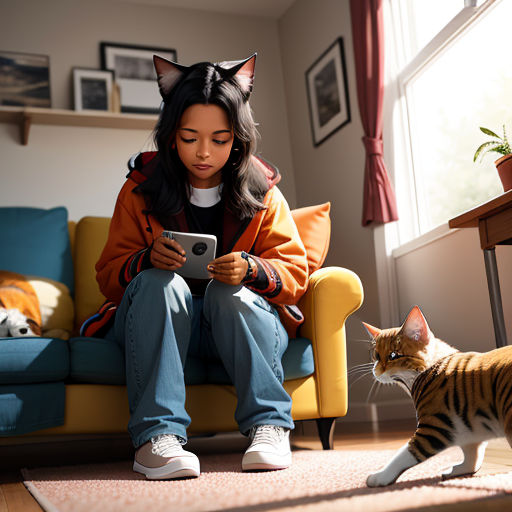 a woman sitting on a couch next to a cat and a cat looking at a tablet computer screen while a cat looks at her