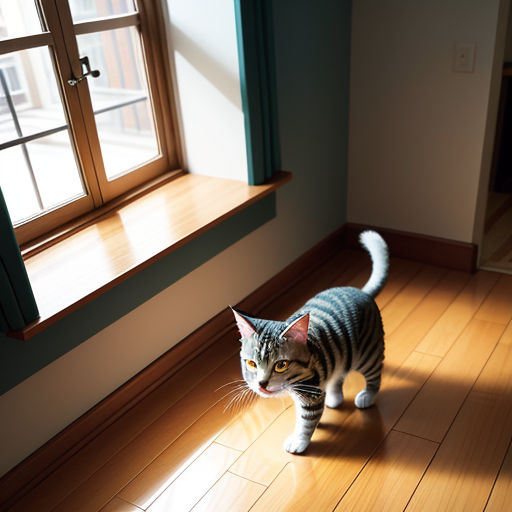 a cat walking across a wooden floor next to a window with a green curtain on it's side
