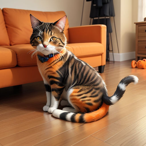 a cat sitting on the floor in front of a couch and a chair with a cat collar on it