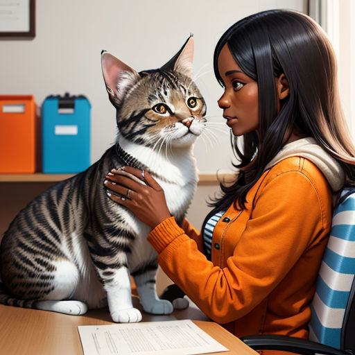 a woman sitting at a desk with a cat in her lap and a pen in her hand, looking at the cat
