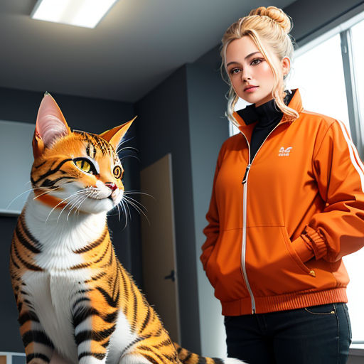 a woman standing next to a tiger cat in a room with a window and a cat statue on the floor