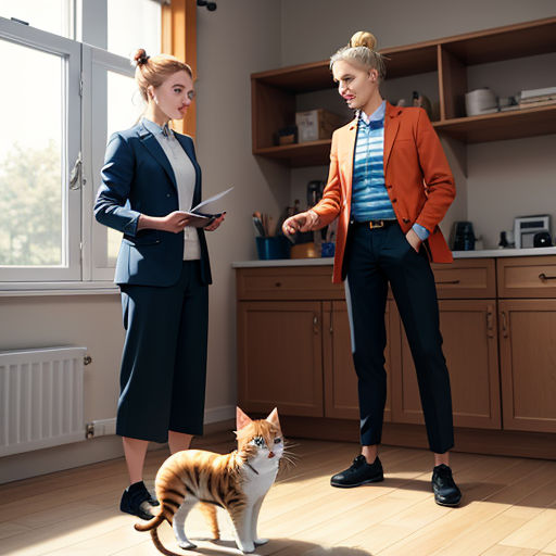 a woman standing next to a cat in a kitchen next to a window and a man in a suit