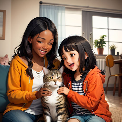 a woman and a girl sitting on a couch with a cat in front of them and a cat in the foreground