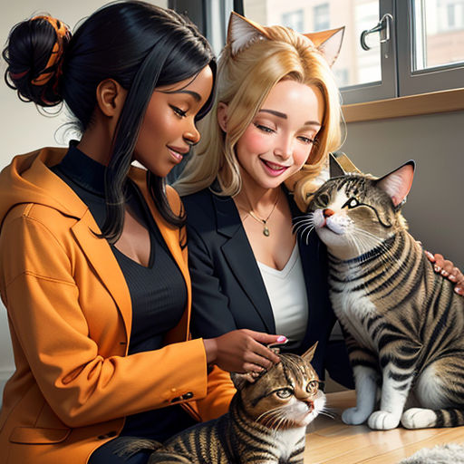 two women are petting a cat on the floor near a window and a cat on the floor next to them