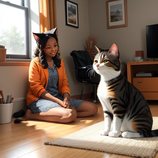 a woman sitting on the floor with a cat in front of her and a cat sitting on the floor