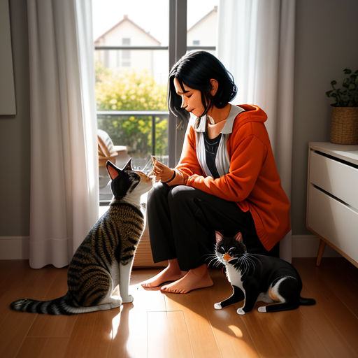 a woman sitting on the floor with two cats looking at a book and a cat looking at a cat