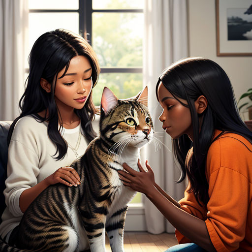 a woman holding a cat while another woman pets it with her hand and looks at her face with a smile