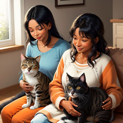 two women sitting on a couch holding cats in their hands and looking at the camera with a surprised look on their face