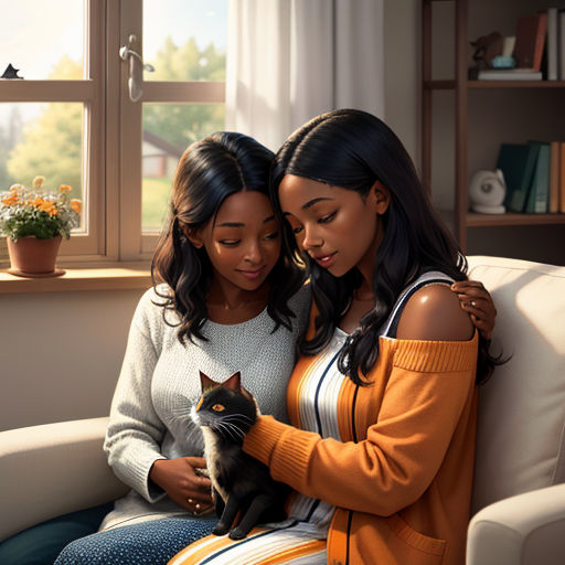 two women sitting on a couch with a cat in their lap and a potted plant in the background