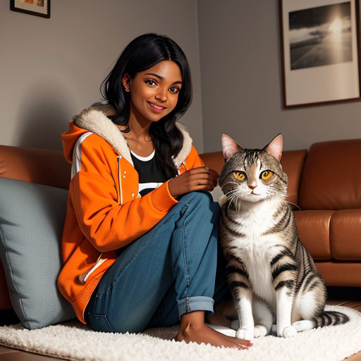 a woman sitting on a couch next to a cat on a rug in front of a couch with a cat on it