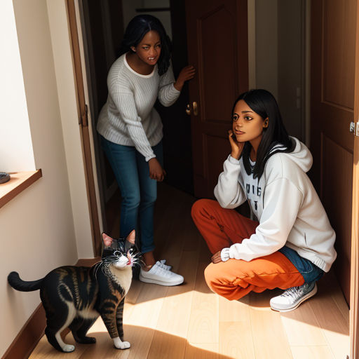 a woman sitting on the floor next to a cat and another woman standing behind her looking at her cat