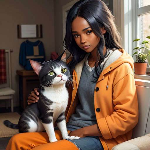 a woman sitting on a couch holding a cat in her lap and looking at the camera with a serious look on her face