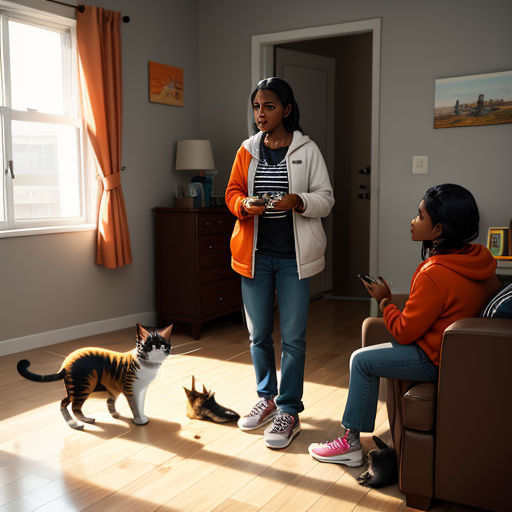a woman standing next to a cat on a hard wood floor in a living room next to a window
