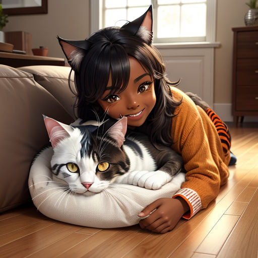 a woman laying on a couch with a cat on her lap and smiling at the camera, with a cat on her lap