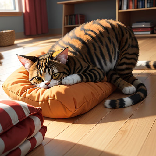 a cat laying on a pillow on the floor of a living room with a bookcase in the background