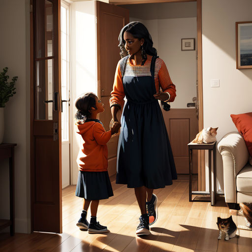 a woman and a child standing in a living room with a cat on the floor and a cat on the floor