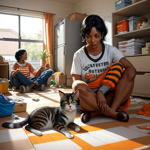 a woman sitting on the floor with a cat next to her and a man sitting on the floor with a cat